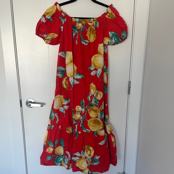 Flying Tomato Dresses & Skirts - Flying Tomato Lemon Print Off Shoulder Midi Dress Puff Sleeve Red Tropical M